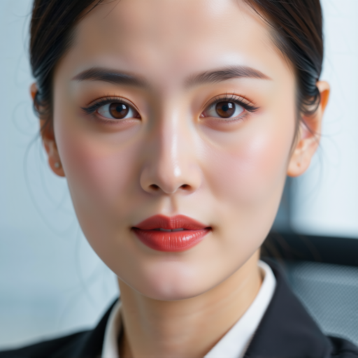 三十二岁左右女性头像，穿正装，短发，蓝色背景